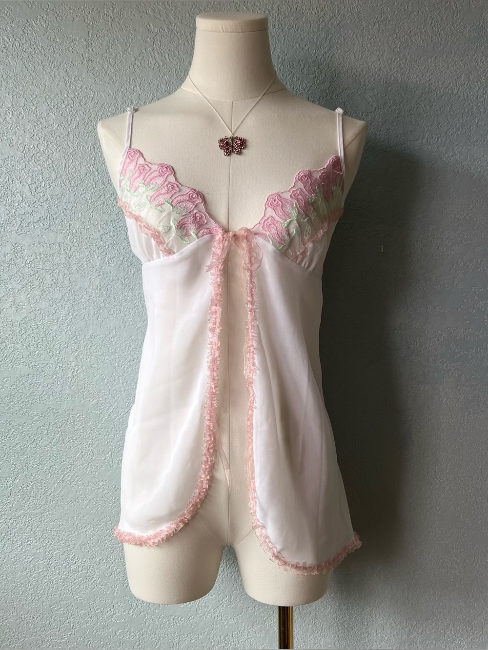 Y2K Sheer Babydoll Lingerie Top Pink Rose Lace Mesh Cami Size S
